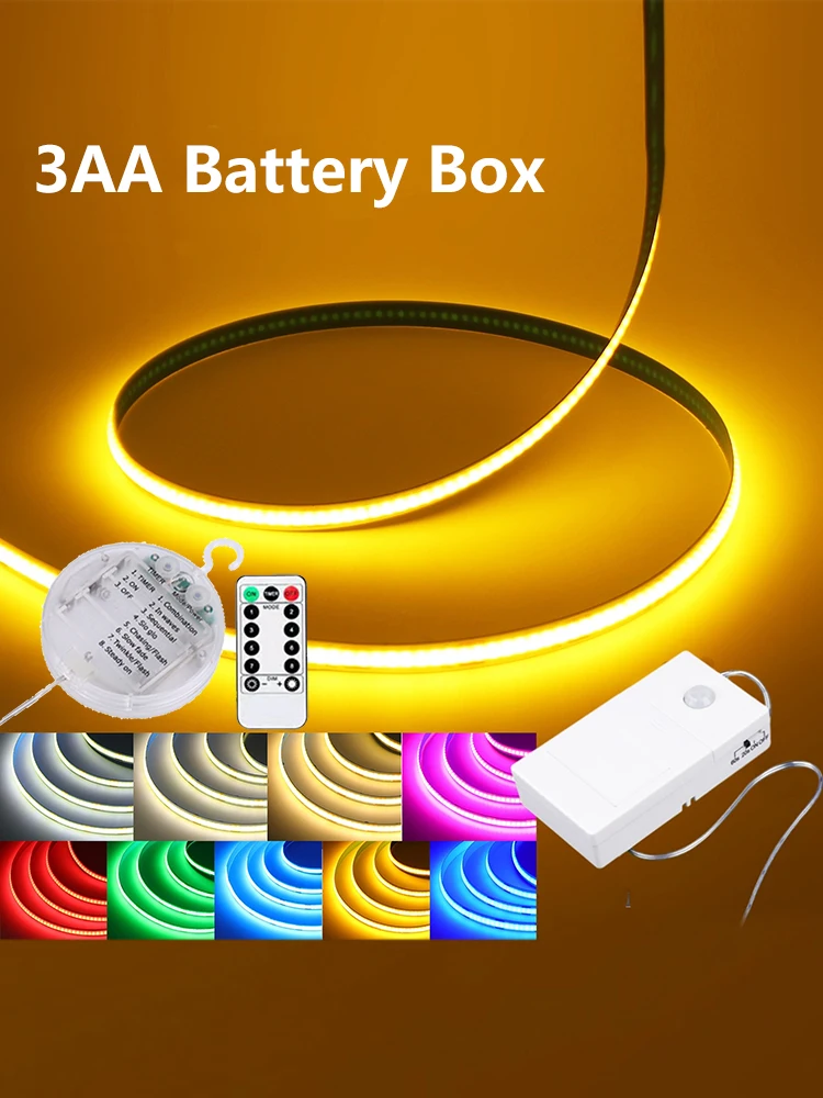 Pudełko na baterie 3AA, taśma LED COB 8mm, 5V, 320 LED/m, elastyczna taśma, pilot zdalnego sterowania/czujnik ruchu PIR, samoprzylepna taśma LED, 9 kolorów — 2