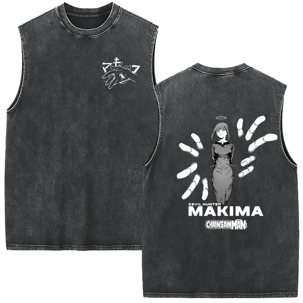 Anime Chainsaw Man Washed Vintage Tank Tops Makima Print Streetwear Men Women Manga Vintage Oversized Sleeveless Vest T-shirt