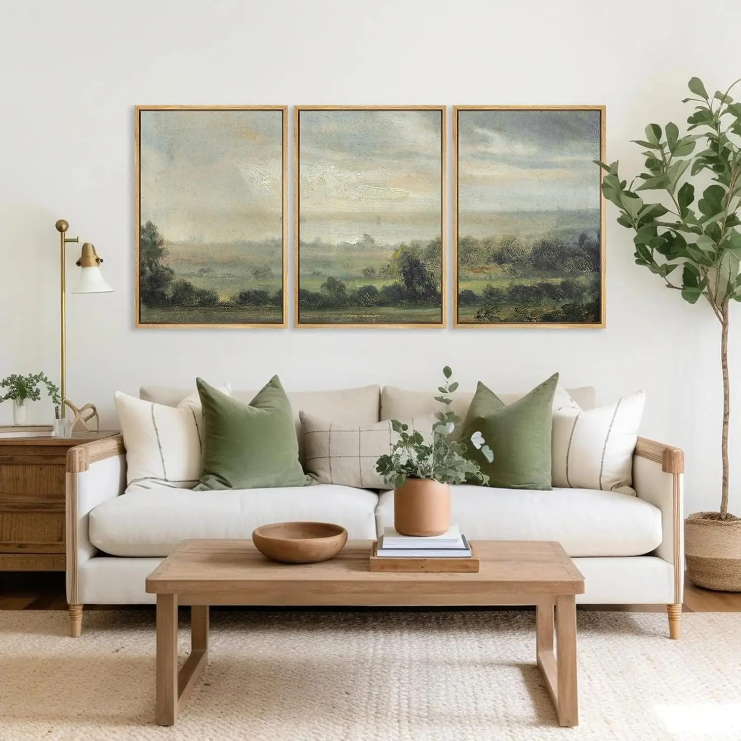 3pcs frameless Canvas Painting Canvas Wall Art Set of 3 Retro Sunset Landscape Green Forest Canvas Poster , Modern Living Room,
