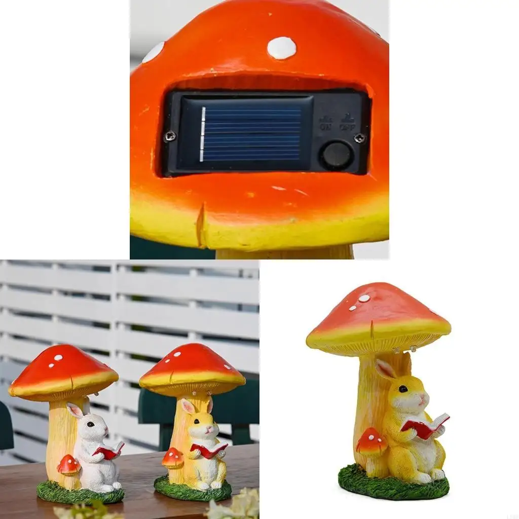 L9BE Decorative Mushroom Rabbit Statue with Solar Light Great for Garden and Patio Decors Resin Figurine Weather Resistance