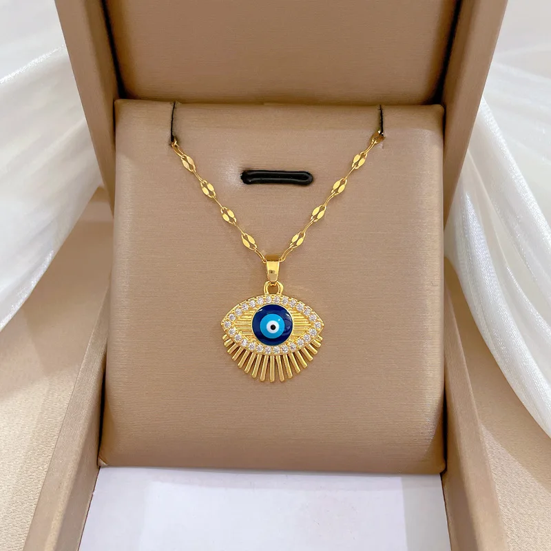 Collier mauvais œil bleu en Zircon cubique Hamsa, en acier inoxydable, collier de cils turc, bijoux grec ojo turco acero en acier inoxydable