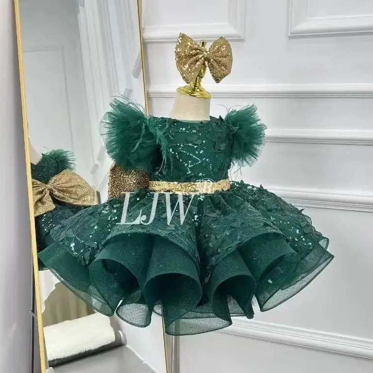 

Elegant girl butterfly luxury green big butterfly Christmas dress winter Evening Prom Gown baby first Communion party Princess