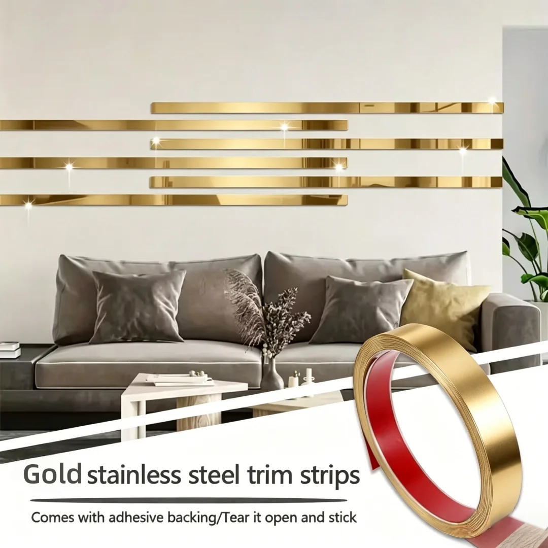 6pcs Light Luxury Golden and Silvery Mirror Strip Self-Adhesive Wall Stickers, Acrylic Long Strip Background Wall Decals
