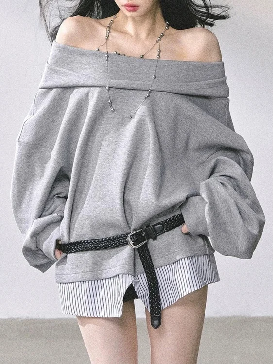 

plus Size Grey American Style Hoodie Women's Fashionable Loose Shoulder Bared Spring New Arrival Casual Long Sleeve Top
