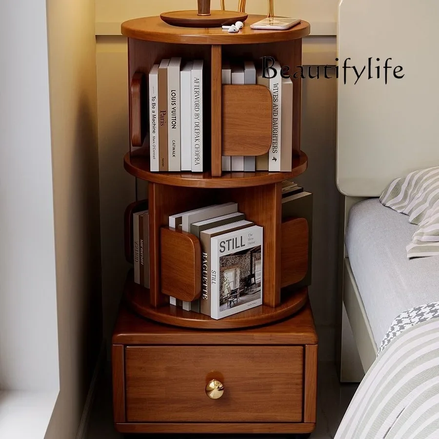 

N Solid Wood Rotating Small Bookshelf Moving Wheels Bedroom Bookcase Simple Bedside Storage Rack