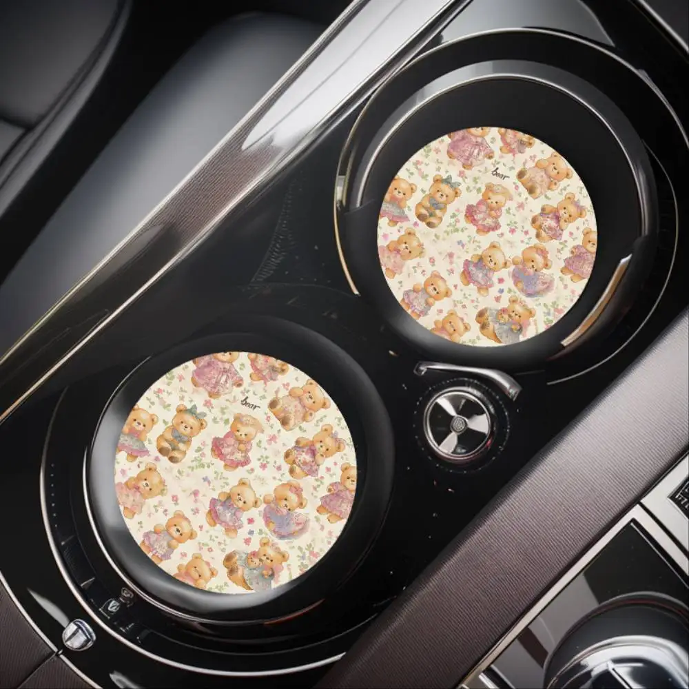 Teddy Bear Floral Absorbent Car Cup Holder Coasters Non-Slip Rubber Bottom Vehicle Beverage Mats