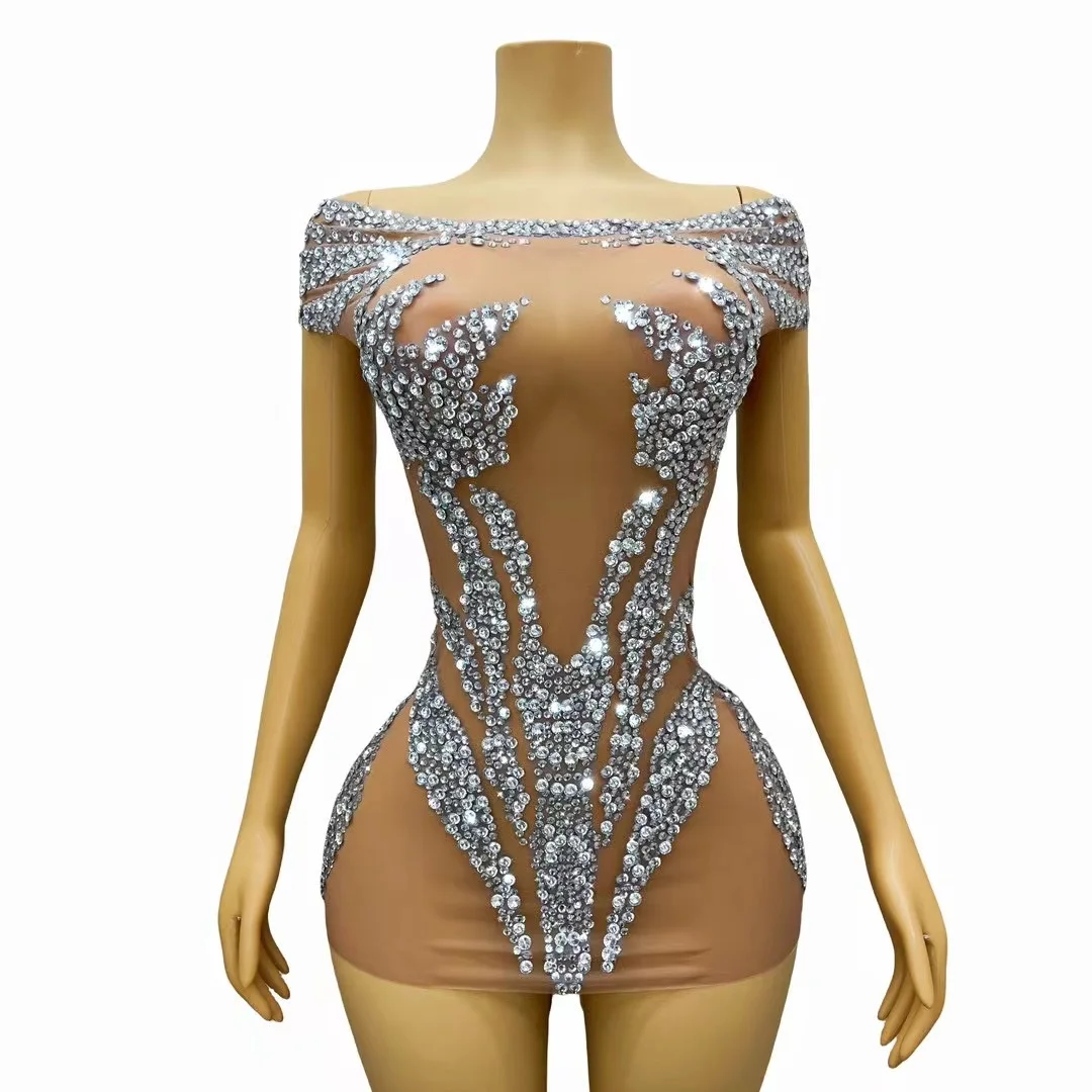 

Sexy Evening Luxurious Silver RhinestonesSleeveless Dress Female Birthday CelebrateSinger Stage Sexy Outfit xuelian C331