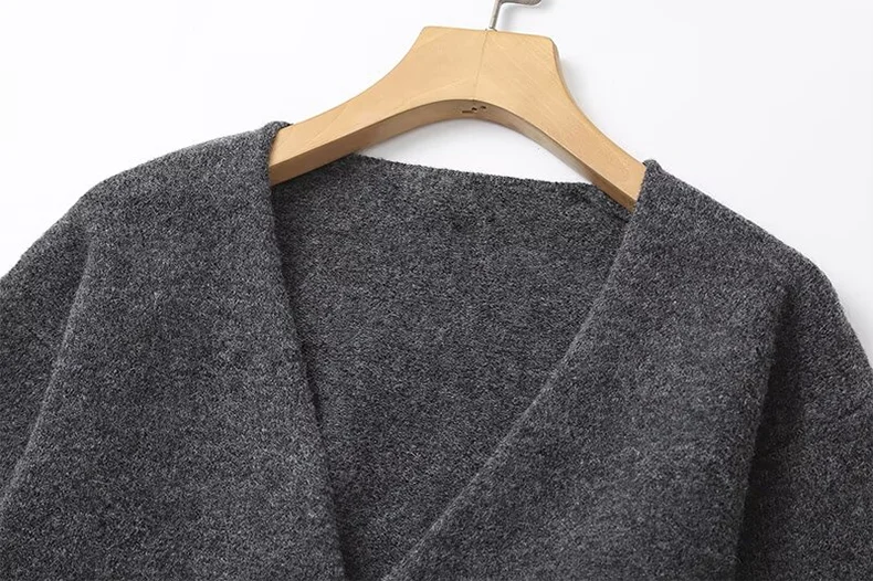 MD Women\'s Cardigan Grey simple long-sleeved V-neck tie knitted Wool sweater Loose Sweater Women Wool Crop Cardigan Top