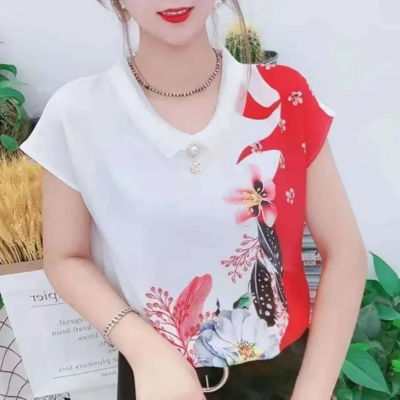 Korean Simple Fashion Summer T-Shirts Women\'s Solid Print Peter Pan Collar Patchwork Pearls Temperament Loose Short Sleeved Tops