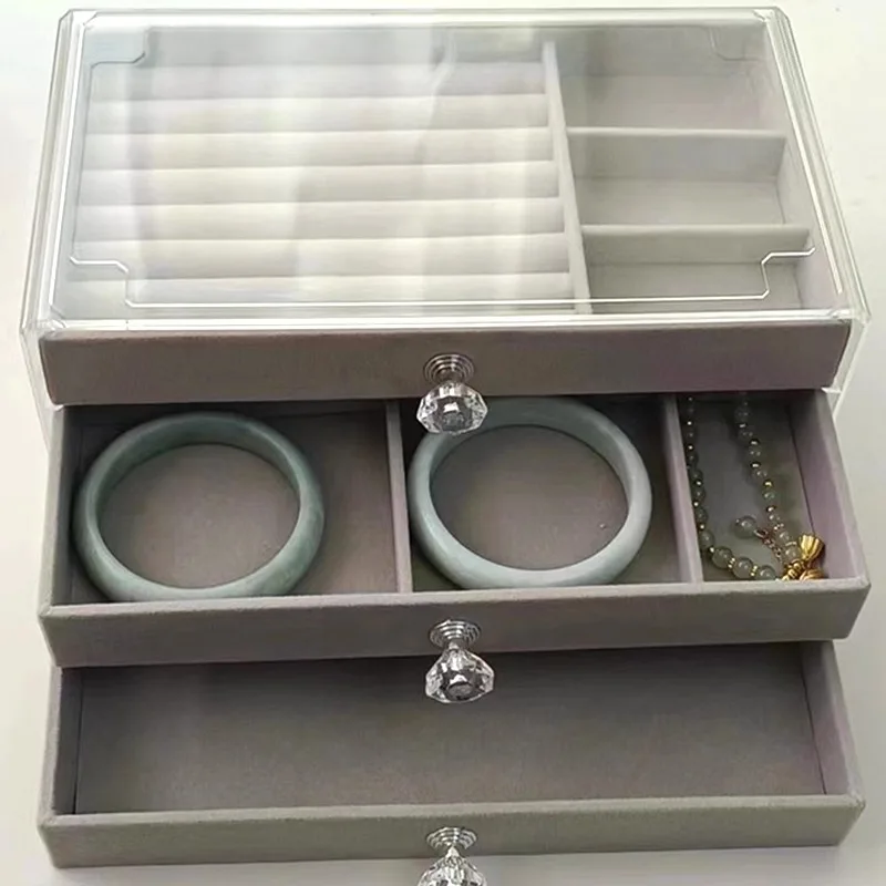 

Акриловый бархатный органайзер для ювелирных изделий, коробка с 3 ящиками, штабелируемый дисплей для хранения серег, ожерелье, браслеты, коробка-держатель, чехол для женщин