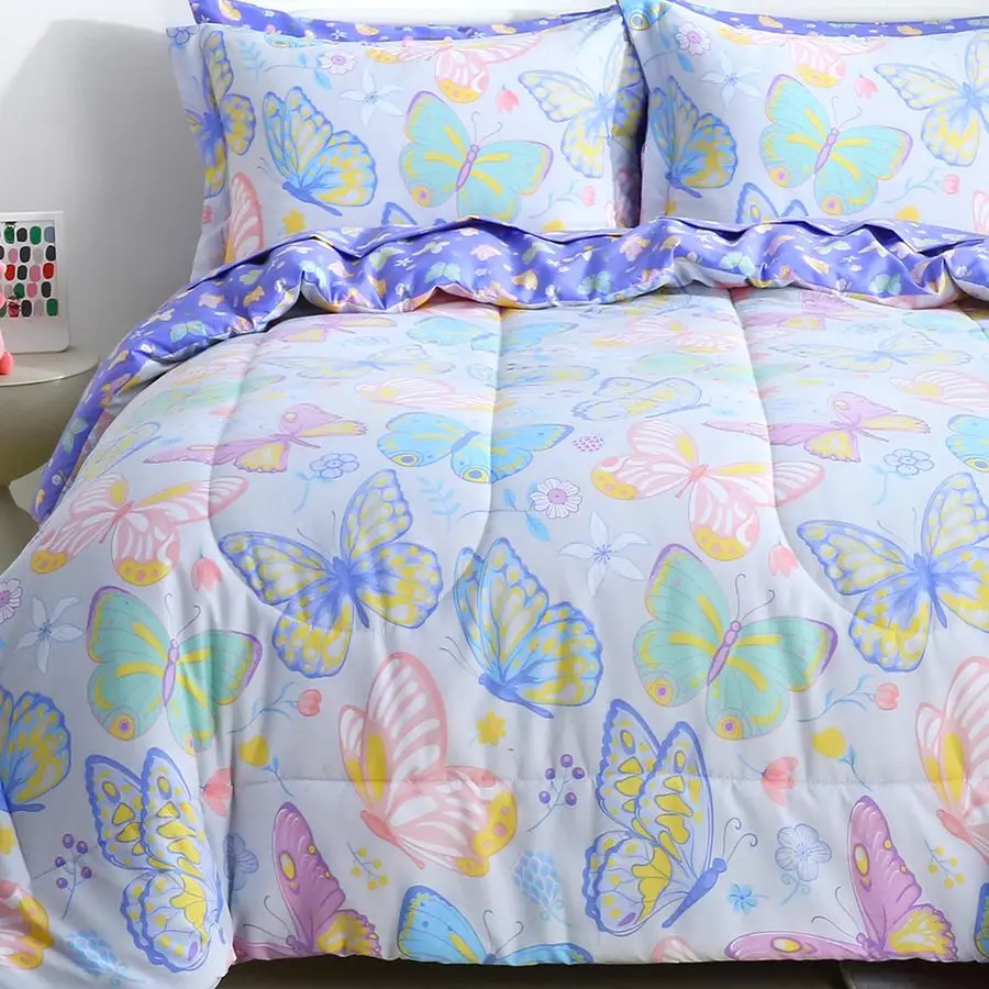 

Kids Full Bedding Sets for Girls, Soft Full Comforter Set with Sheets, 7 Pieces Microfiber Bed in a Bag, Colorful Butterfly