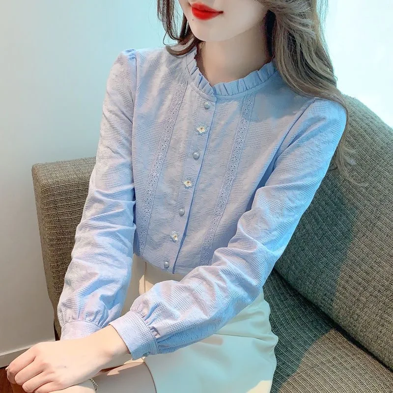 

Embroidery Women Spring Autumn Blouses Shirts Lady Casual Long Sleeve Stand Collar Solid Color Blusas Tops DF4774