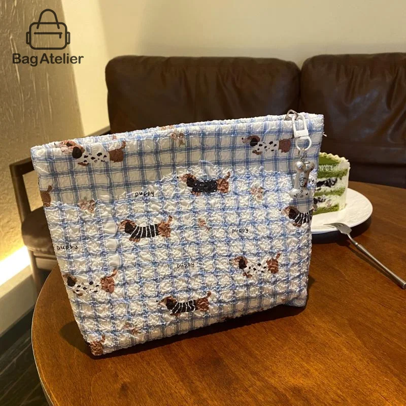 

1Pcs Fashion Cute Blue Grid Sausage Puppy Printed Cosmetic Bags Large Capacity Storage Travel Portable Toiletry Bags