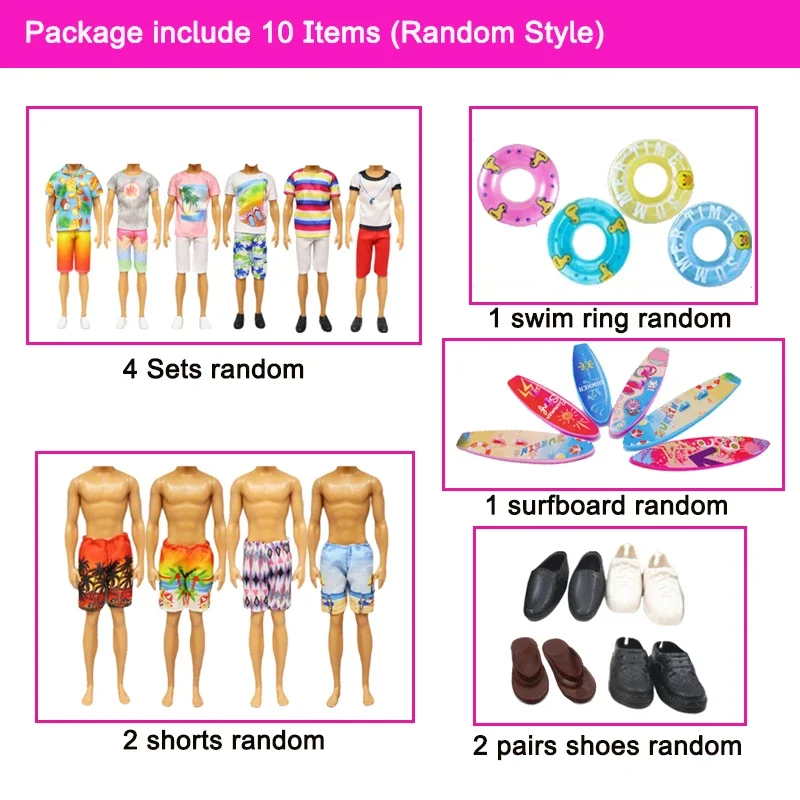 10Pcs Doll Clothes and Accessories for 12 Inch Boy Ken Dolls Include 4 Outfits 2 Beach Shorts 2 Shoes 1 Swim Ring 1 Surfboard