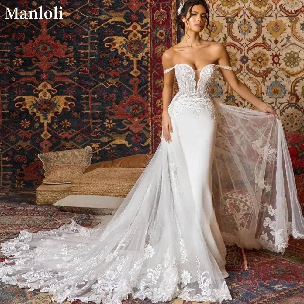 

Customized Simple Satin Mermaid Wedding Dress Off Shoulder Decal Sleeveless Bridal Dress Off Back Removable Robe