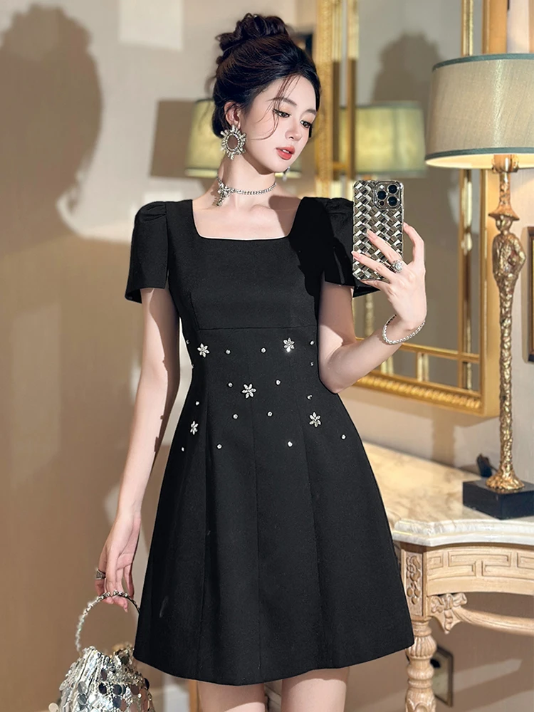 여성 블랙 스퀘어 넥 슬림 A라인 미니 숏 드레스 여름 라인스톤 스파클 파티 프롬 데이트 정장 캐주얼 드레스