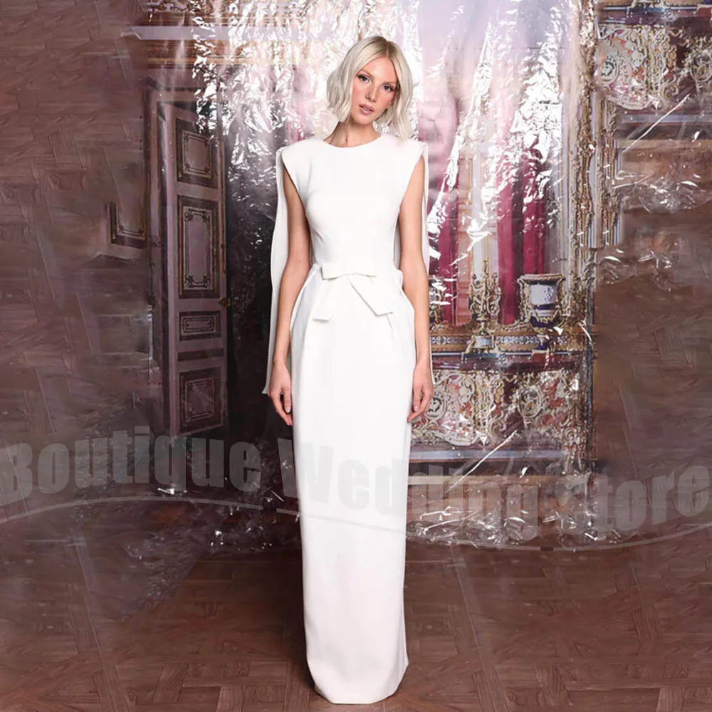 

White Women Prom Dresses Chic Bow O-Neck Straight Gowns Customized Fashion Sleeveless Floor Length Evening Party Dresses