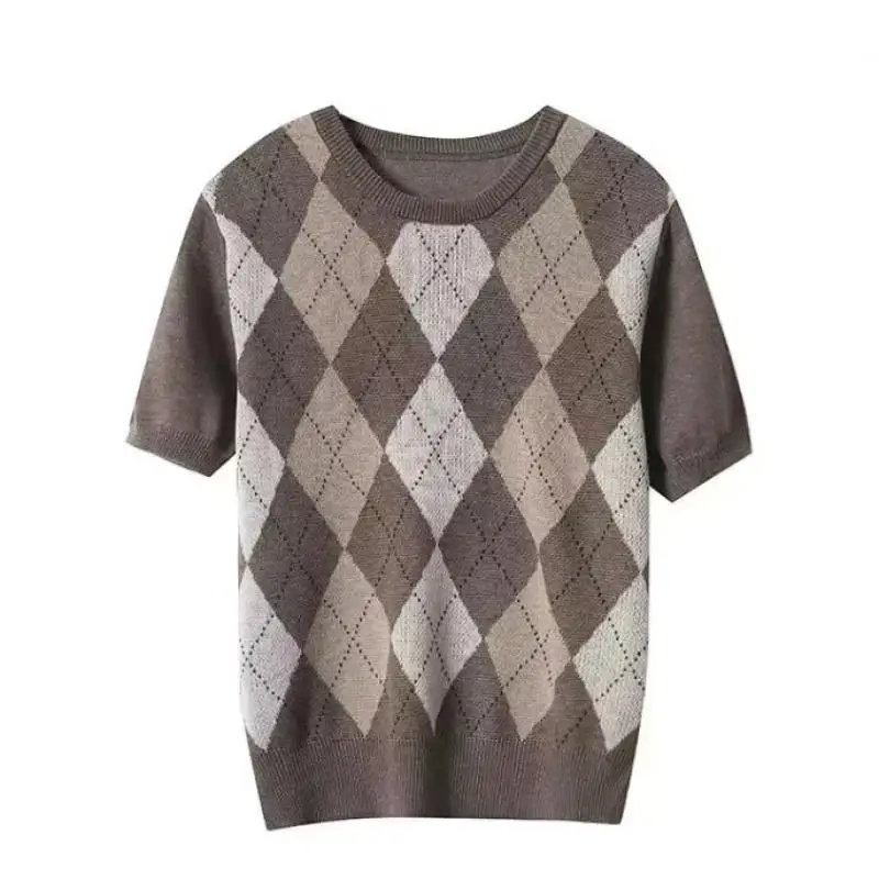 Maxdutti Minimalist Women's Clothing Southern France Retro Geometric Diamond Grid Slim Knitted Short Sleeved T-shirt Woman Tops