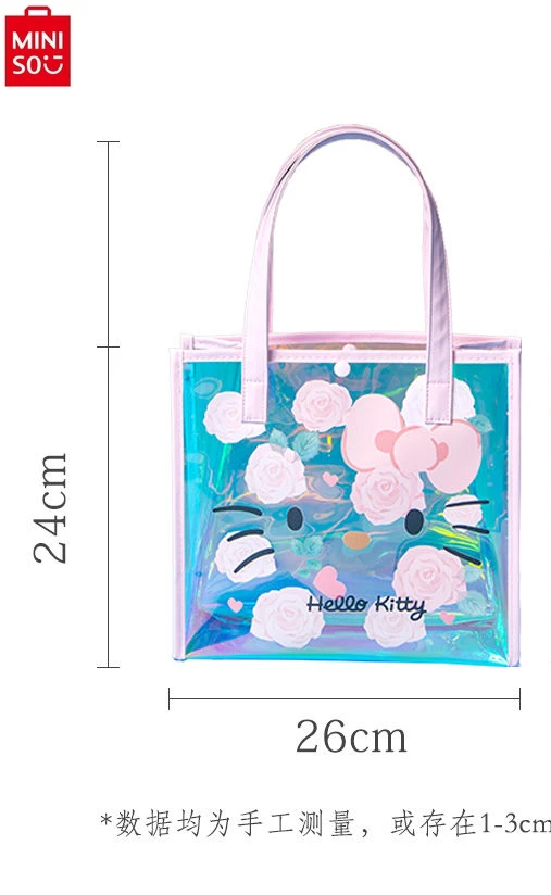 MINISO 2024 Fashion New Colorato Laser Trasparente Hello Kitty Borsa da spiaggia portatile impermeabile di grande capacità per esterni da donna