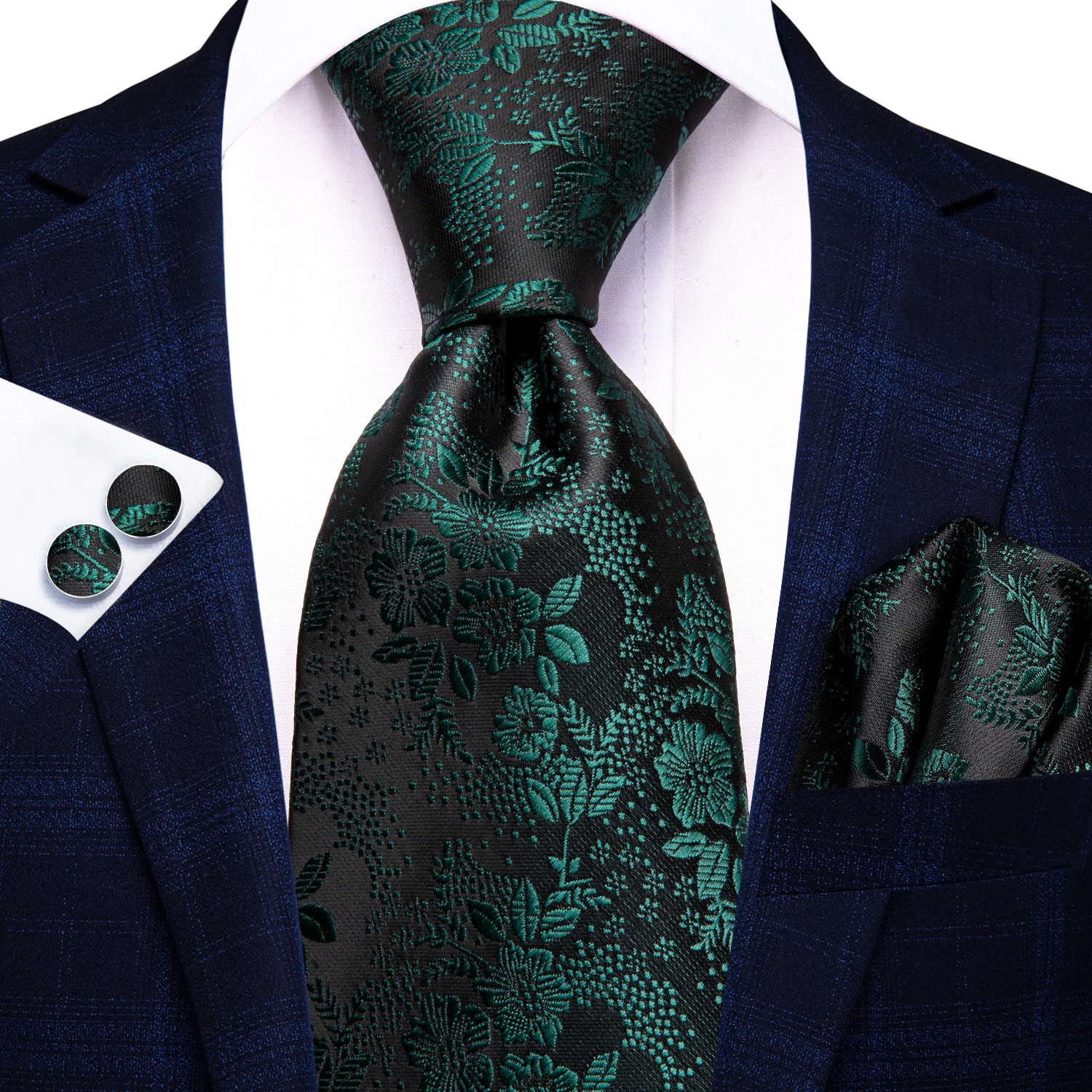 3-teiliges Herren-Krawatten-Set mit grünem Blumenmuster, Einstecktuch, Manschettenknöpfe, Hochzeit, formell, lässig, Büro, Party