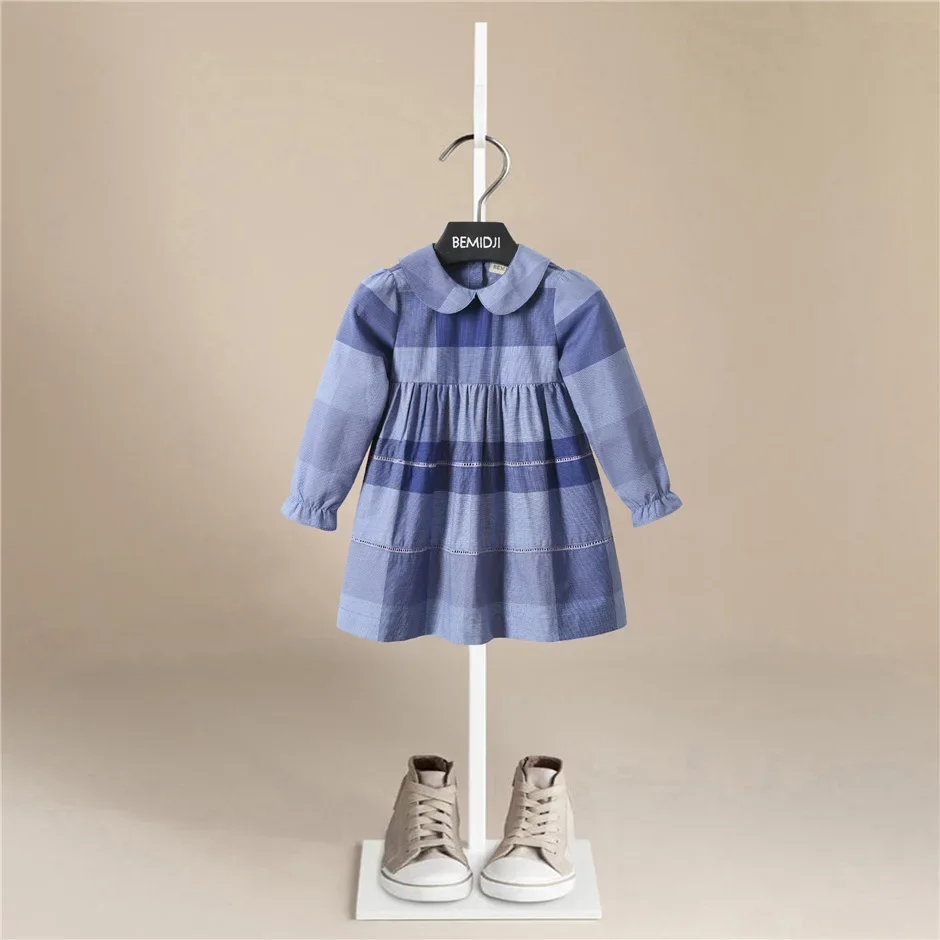 Luxury Girls Long Sleeve Plaid  Dress Girls Autumn New Style Turndown  Striped Sleeve Cotton Dress kids dresses for girls