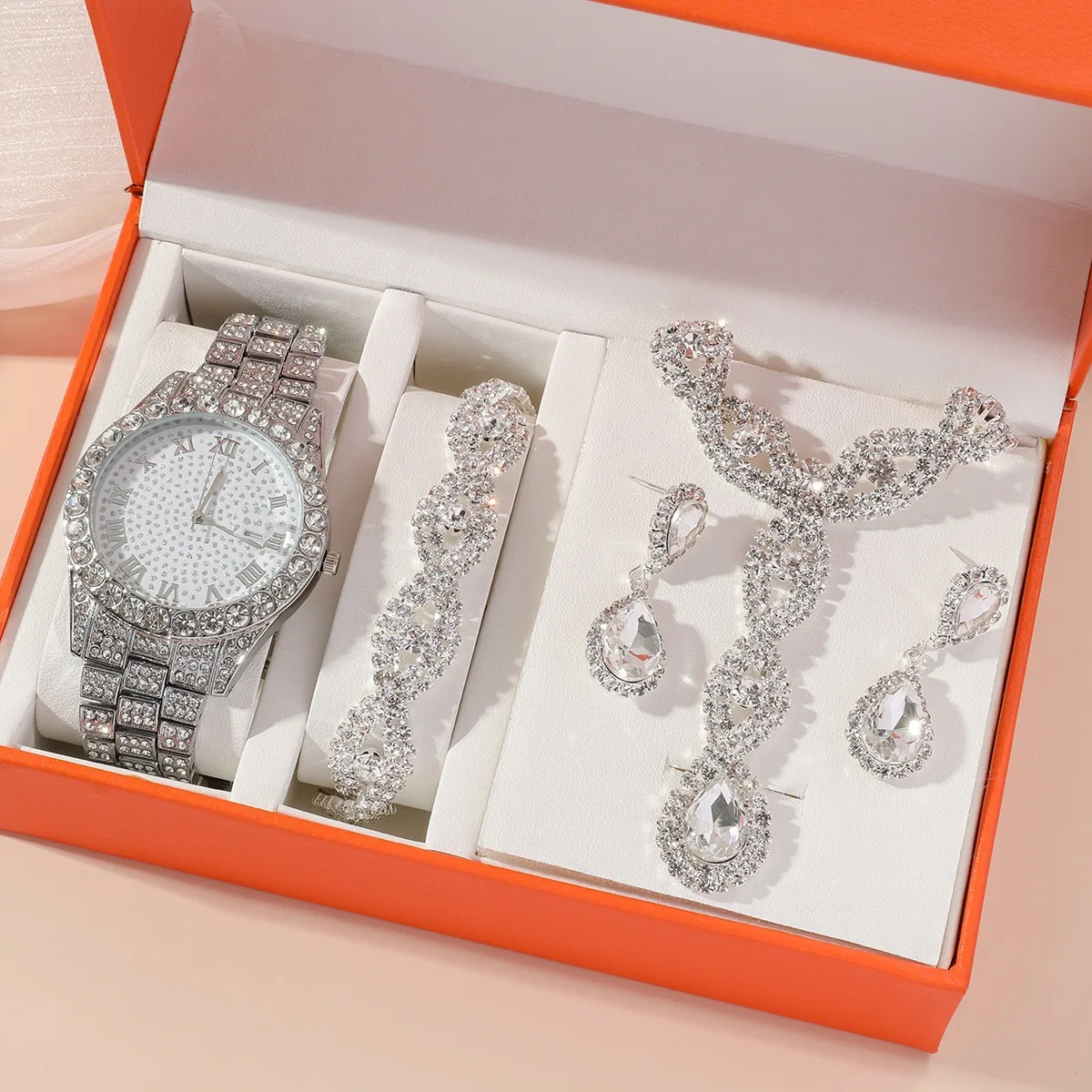 Luxury watch set, versatile, large rhinestone, women's five-piece gift box quartz watch