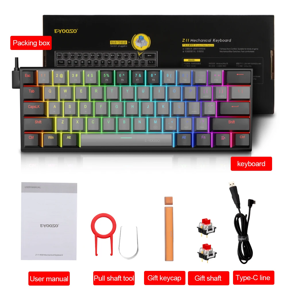 E-YOOSO Z11 RGB USB 60% Mini clavier de jeu mécanique bleu rouge interrupteur 61 touches câble détachable filaire, portable pour PC de voyage