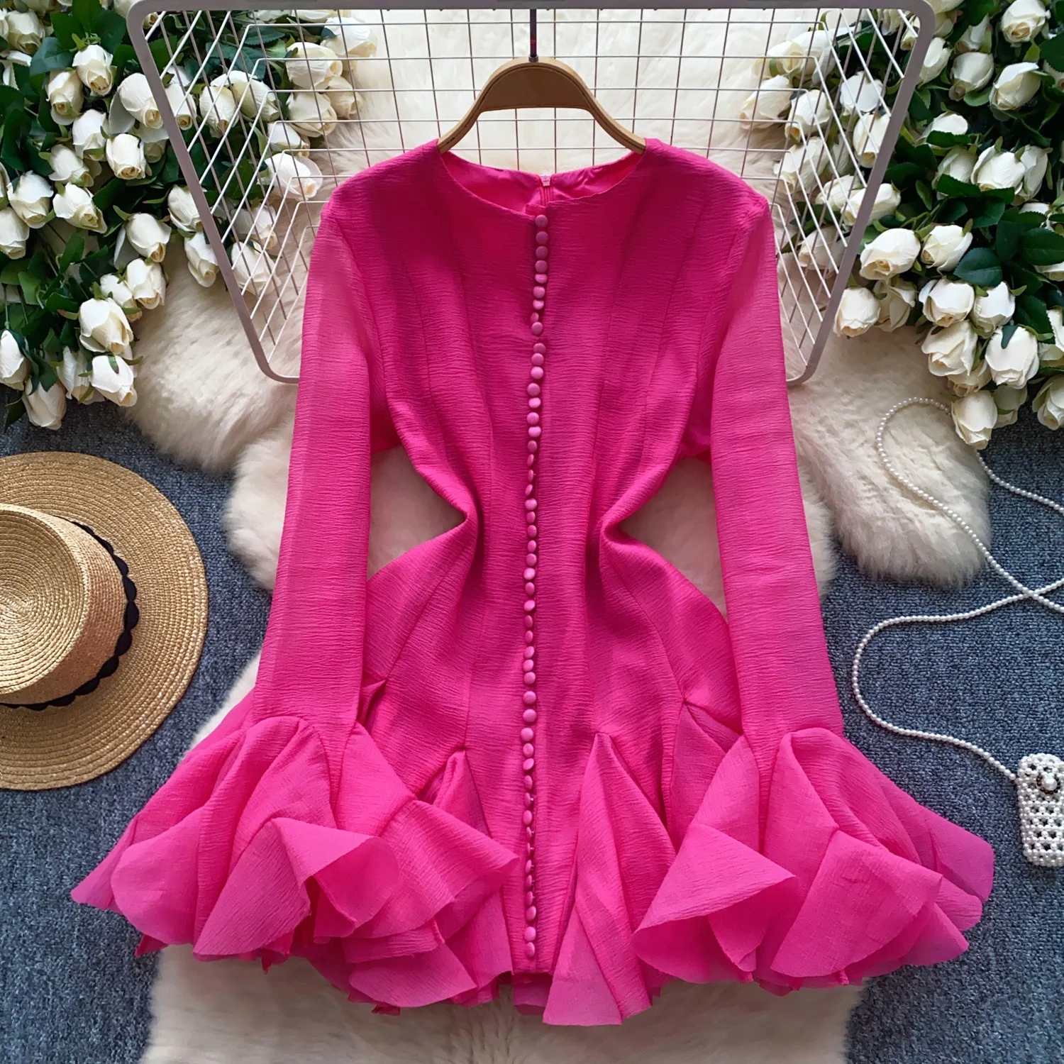 

Clothland Women Chic Ruffle Mini Dress Flare Sleeve Candy Color Slim Sexy Fashion Casual Dresses Vestido QD874