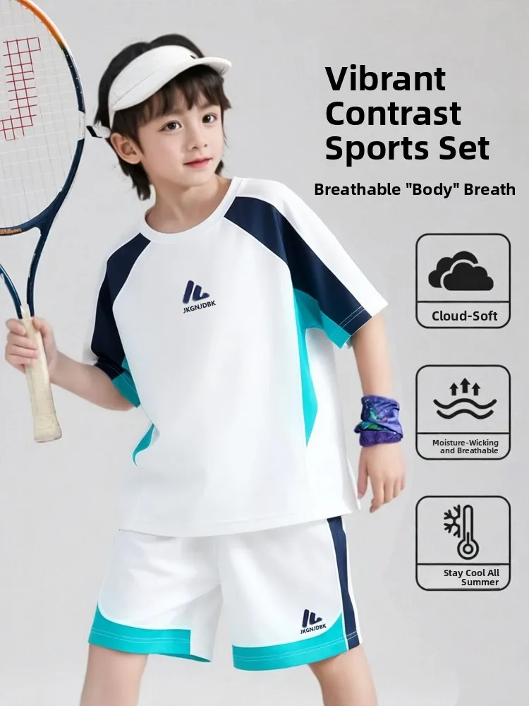 Cool Oxygen Breathable Boys' Sports Suit Quick Dry Lightweight Summer Short Sleeve Training Two Piece Set for Children And Teens