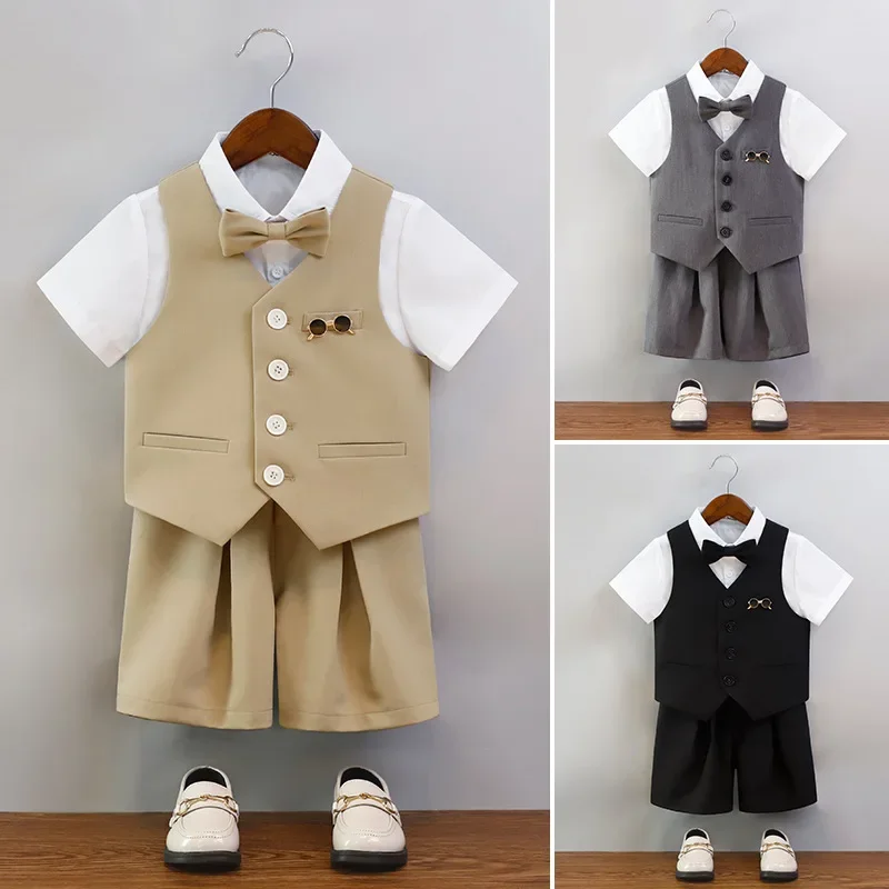 Children Summer Beige Photography Suit Kids Breathable Vest Shirt Shorts Bowtie Ceremony Costume Boys Silm Fit Wedding Dress