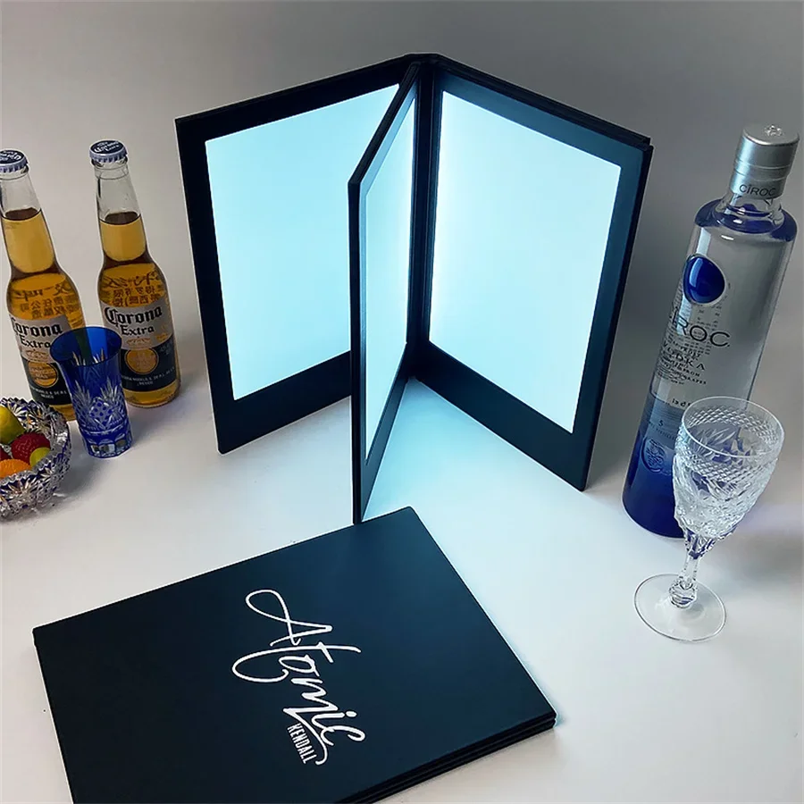 

Cool Restaurant Bar Two Page Leather Illuminated LED Light Rechargeable Glowing Menu Cover Book LED Backlit Folded Menu Holder