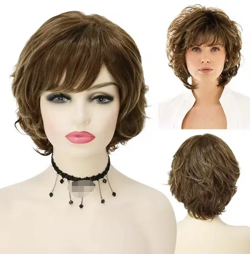 Peluca sintética elegante de pelo ondulado corto y rizado, peluca Bob marrón con separación lateral para mujer, uso diario esponjoso Natural para fiesta de Cosplay