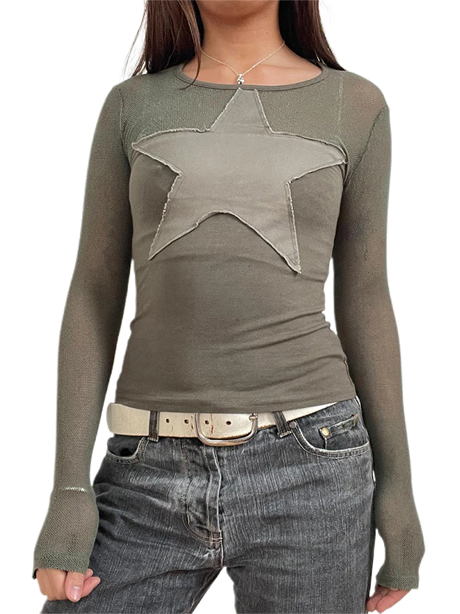 Tops estéticos de retales de estrellas verdes para mujer, camiseta ajustada de manga larga con cuello redondo Vintage para ropa de calle informal diaria para otoño