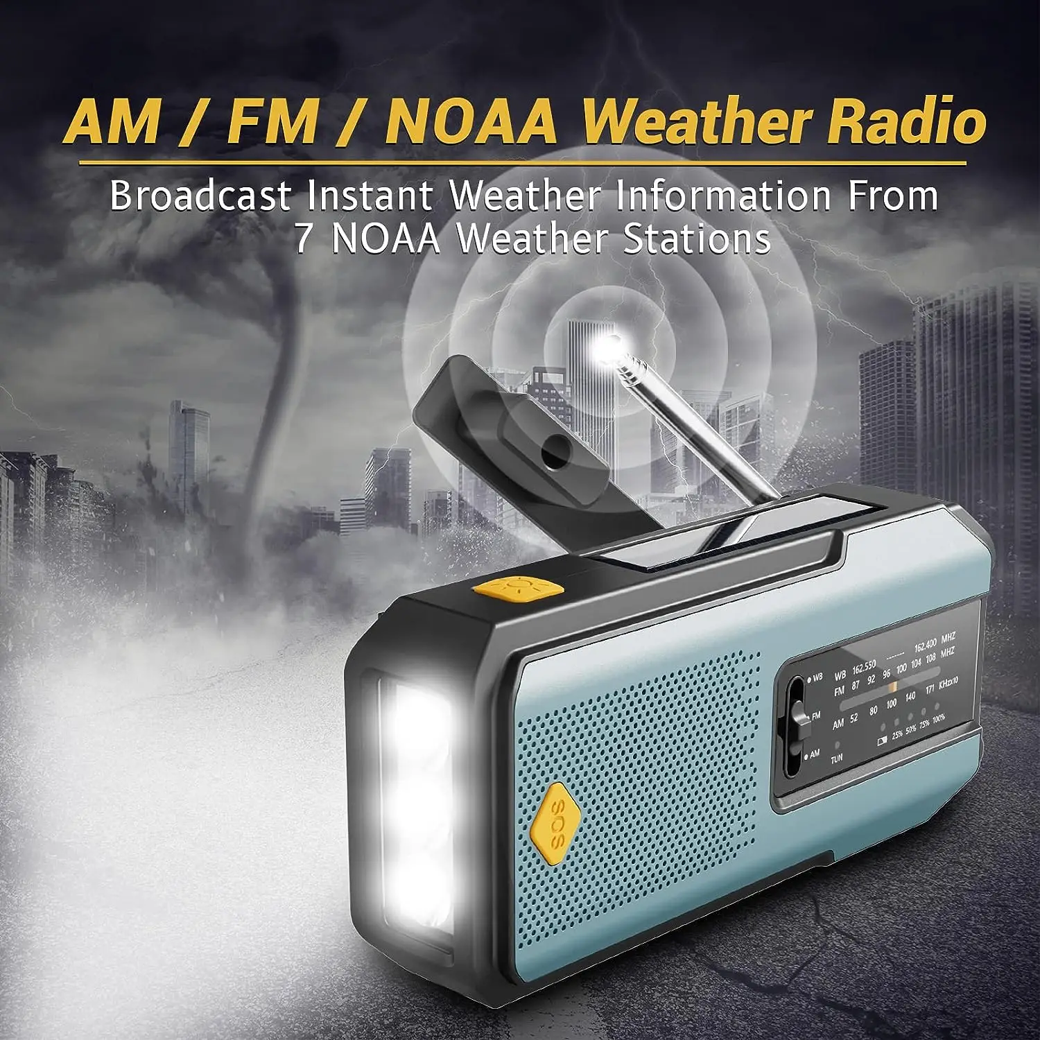 Emergency NOAA Weather Radio,Portable Hand Crank Radio,Solar Powered,AM/FM,SOS Alarm,Flashlight 2000mAh Rechargeable Power Bank