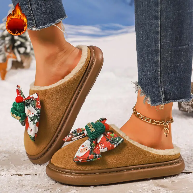 Christmas Print Bowknot Warm Plush Indoor Slippers Women 2025 Winter Comfort Thick Bottom Home Slippers Women Suede Mules Slides - Image 3
