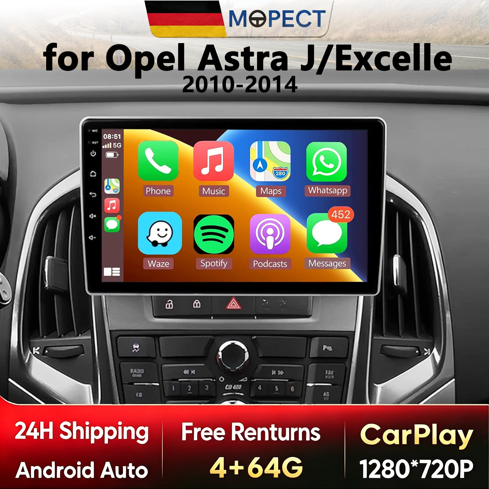 Autoradio Android 15 MOPECT DAB+ 9 pouces pour Opel Astra J 09-14 Buick Excelle Verano 10-15 Lecteur multimédia GPS Carplay Android Auto