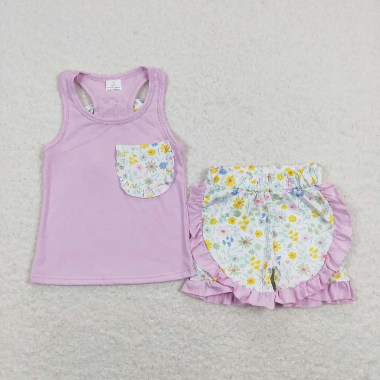 Wholesale western hot sale children’s clothing for Baby Girls Clothes Flower bow pocket pink tank top shorts suit