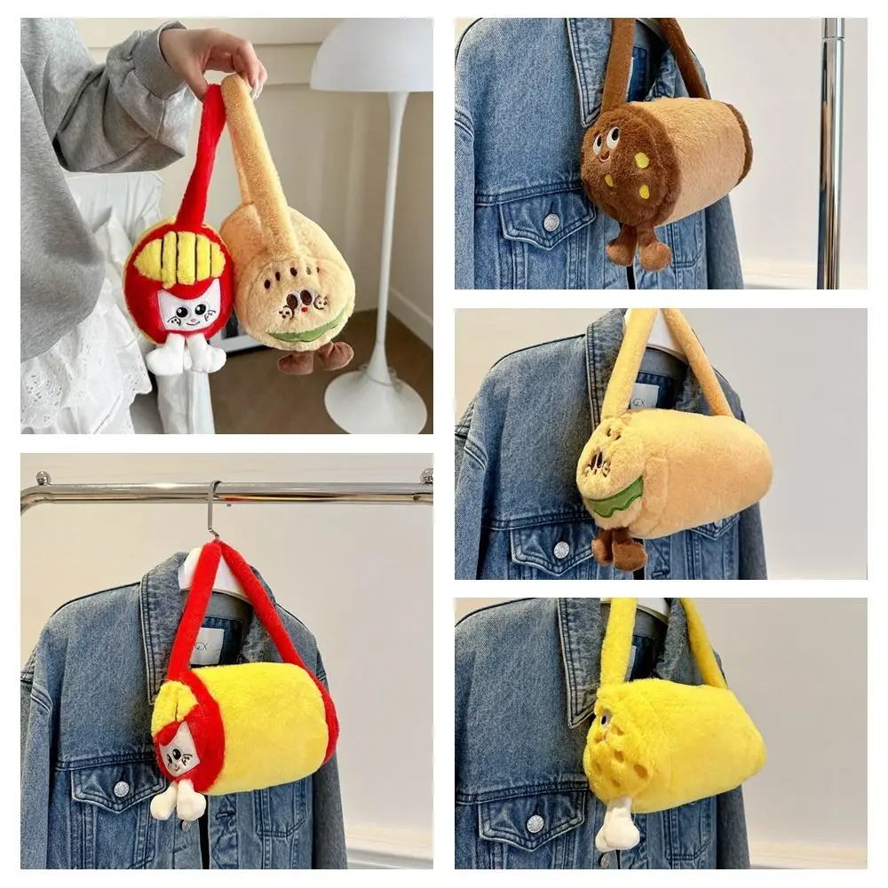 Cylindrical Plush French Fries Handbag Soft Korean Style Cartoon Hamburger Bag Kawaii Biscuit Cute Fluffy Handbag Students