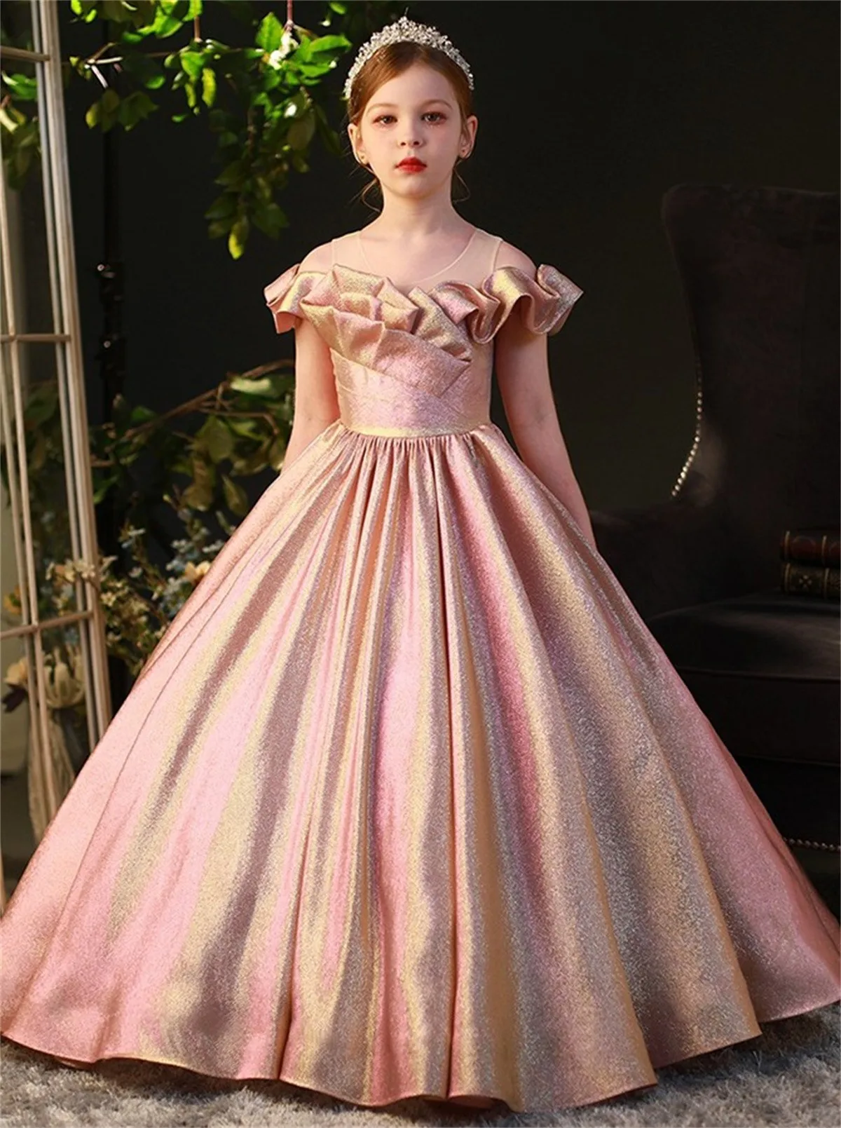 Princess Pink Shiny Flower Girl abiti da sposa elegante Prom Ball Pageant Gown festa di compleanno per bambini con fiocco abbigliamento per la prima comunione