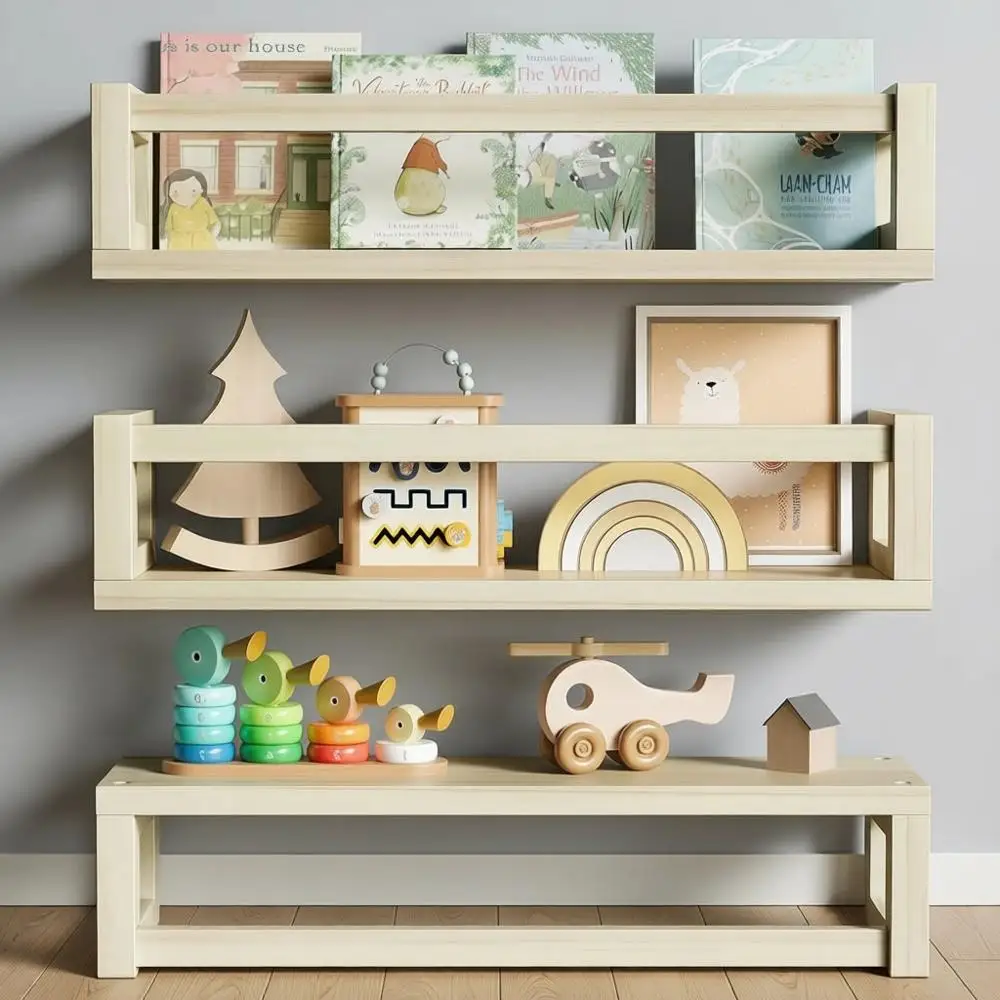 

Triple Set of Durable Wall-Mounted Shelves for Books, Toys, Kitchen, and Home Décor in Natural Wood Finish