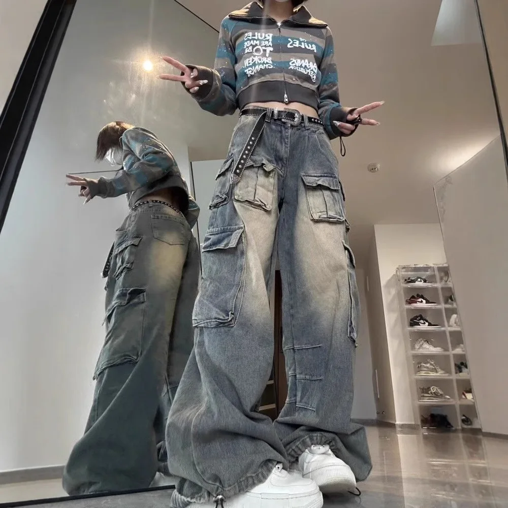 High Street Multi Pocket Workwear Wide Leg Jeans Women's New Trendy Brand Loose Casual Retro Washed Pants