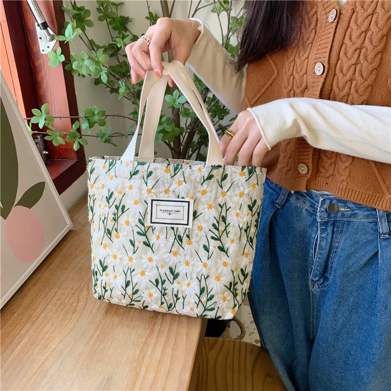 Daisy Embroidered Handbag for Women Canvas Ladies Floral Casual Small Tote Luxury Designer Reusable Shopping Bags Purses