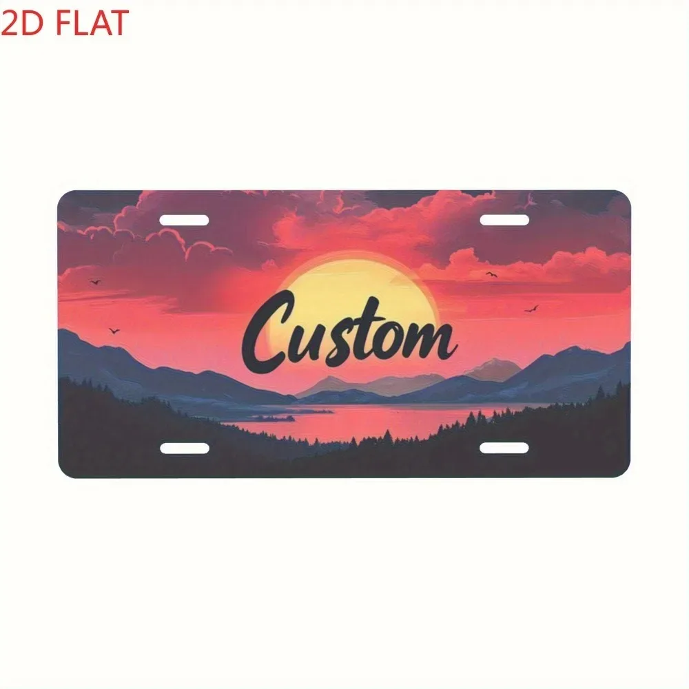 2D Flat Custom Photo Aluminum License Plate, Vivid Sunset Mountain Printed Art Plate, Birthday & Anniversary Gift, Decorative Us