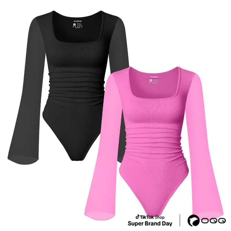 Oqq-traje de cuerpo cuadrado Ne para mujer, Body de malla transparente acampanado de manga larga, camisa, Tops, ropa elástica