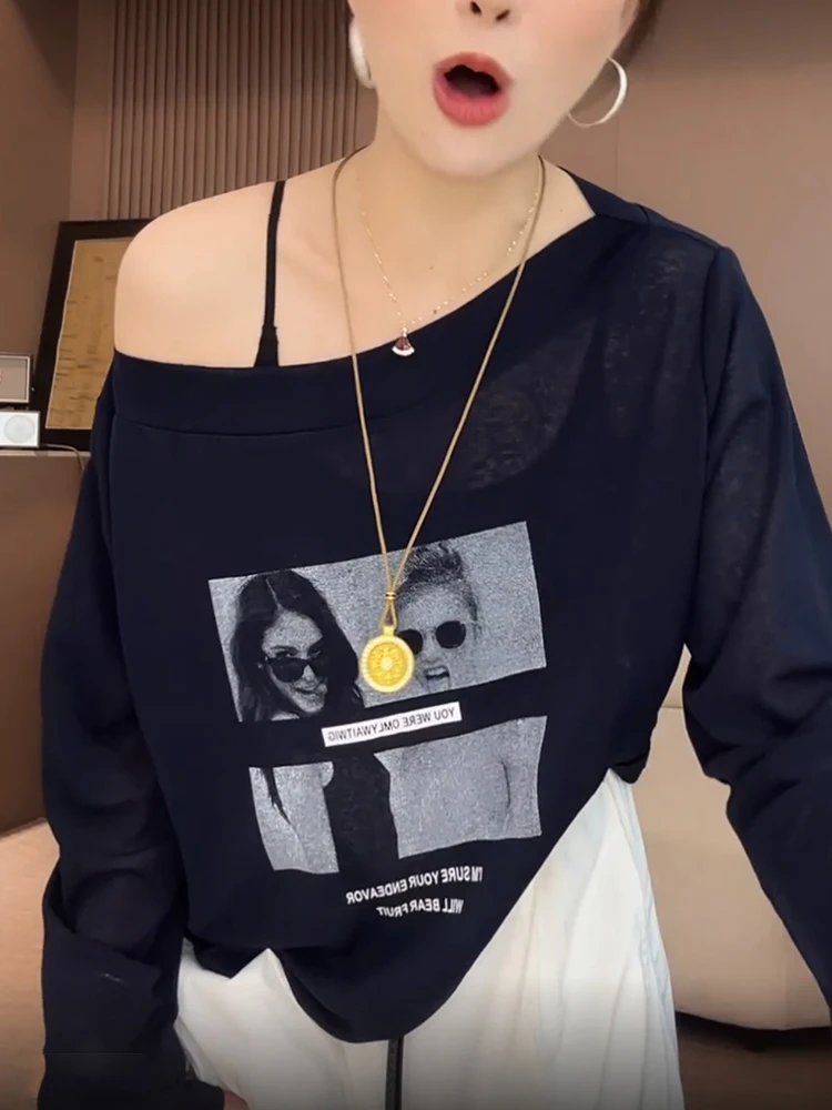 

Модная женская футболка с принтом в американском стиле, лето 2025, новая, с защитой от солнца, дышащая, с асимметричным воротником