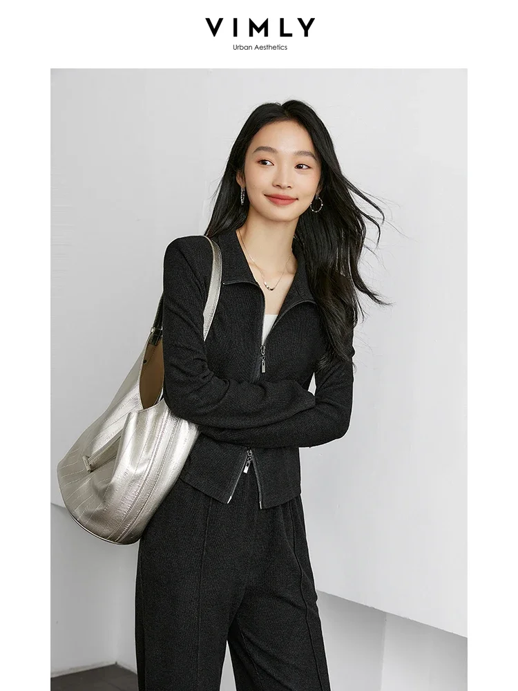 VIMLY Women\'s Sporty 2 Pieces Pants Sets Autumn Simple Lapel Top Straight Pant Comfort New Office Lady Matching Sets M9037