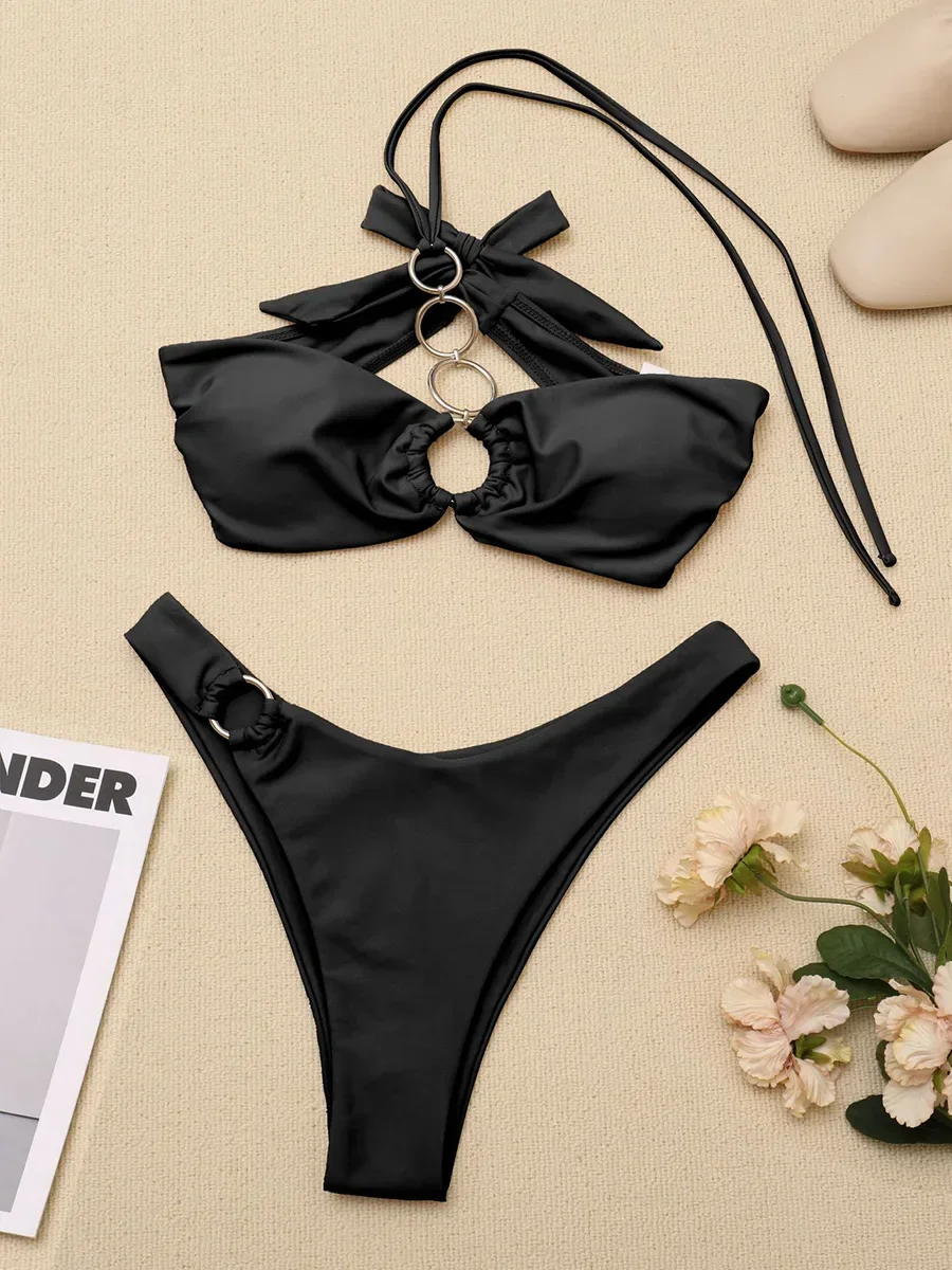 

Sexy Metal Rings Halter Bandeau Bikini Women High Cut Swimwear Female Swimsuit Two-pieces Bikini Set Strappy Bathing Suit Swim