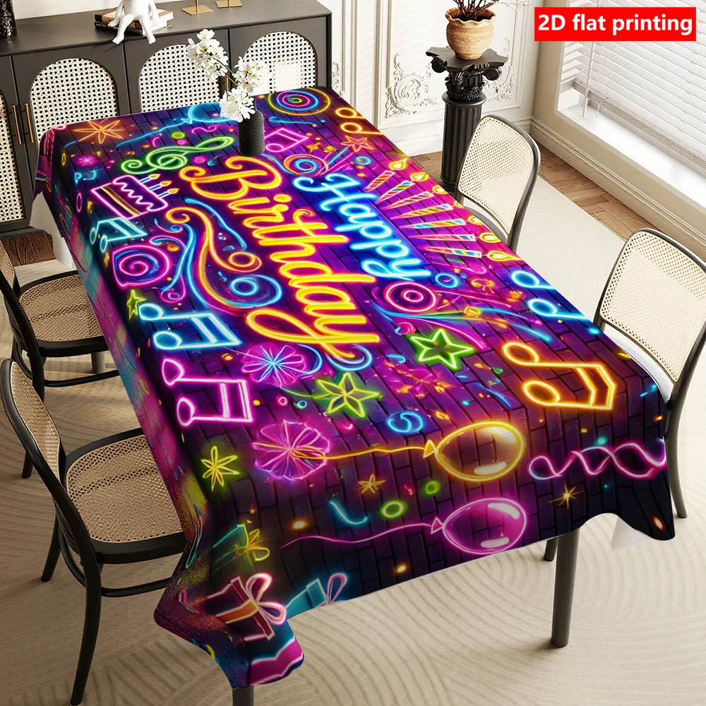 Neon-colored birthday party tablecloth, durable polyester tablecloth, with the words 