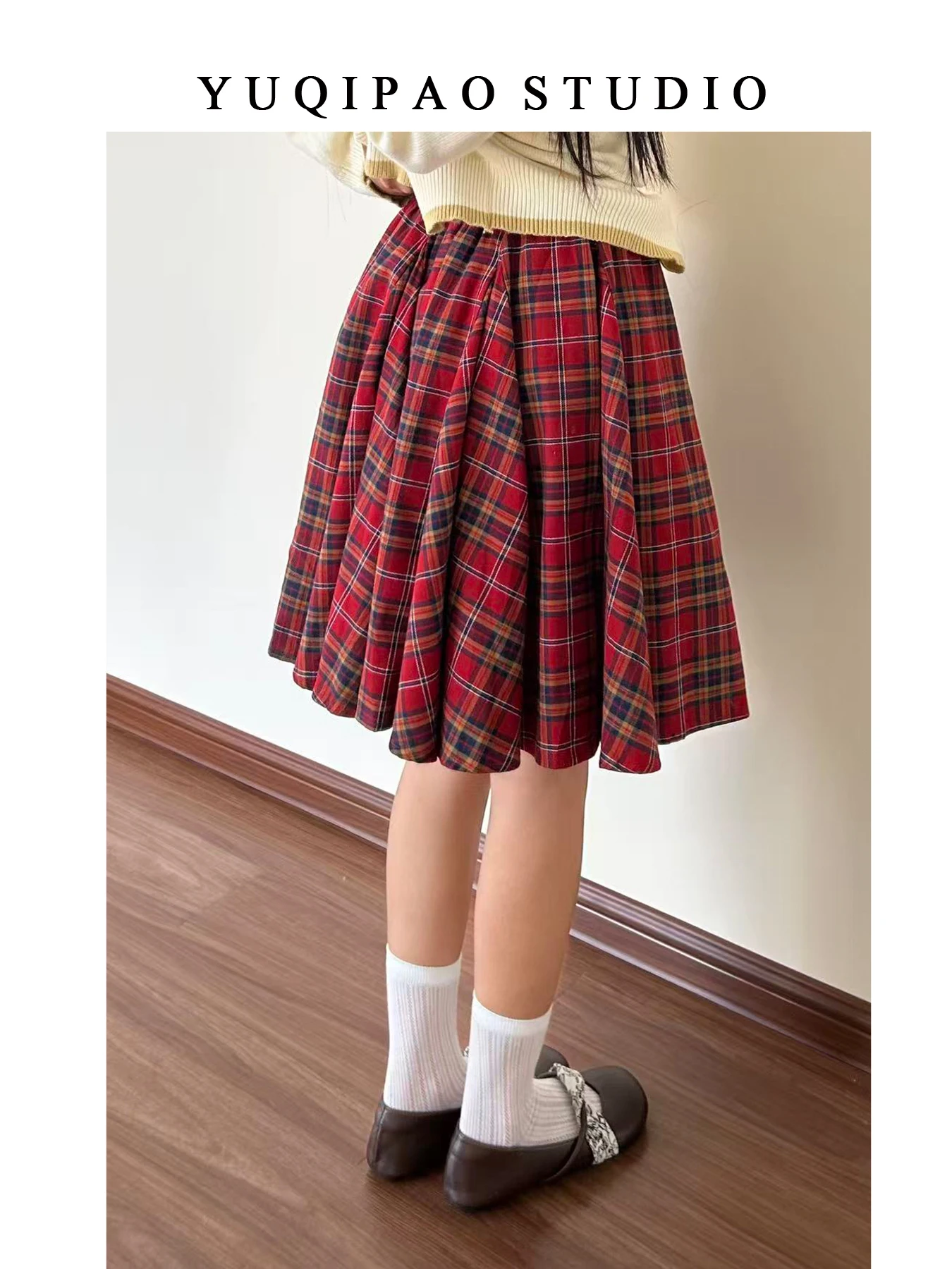 Falda midi de cintura alta a cuadros rojos de talla grande para mujer, estilo A, adelgazante, para otoño e invierno, falda corta de cinco cuartos