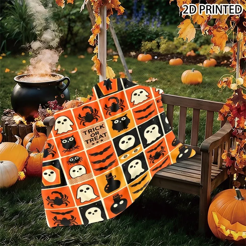 Retro Halloween Spooky Pattern Throw Blanket, Playful Vintage Pumpkin Spider Bat Print, Festive Fall Decor Cover with Multiple S